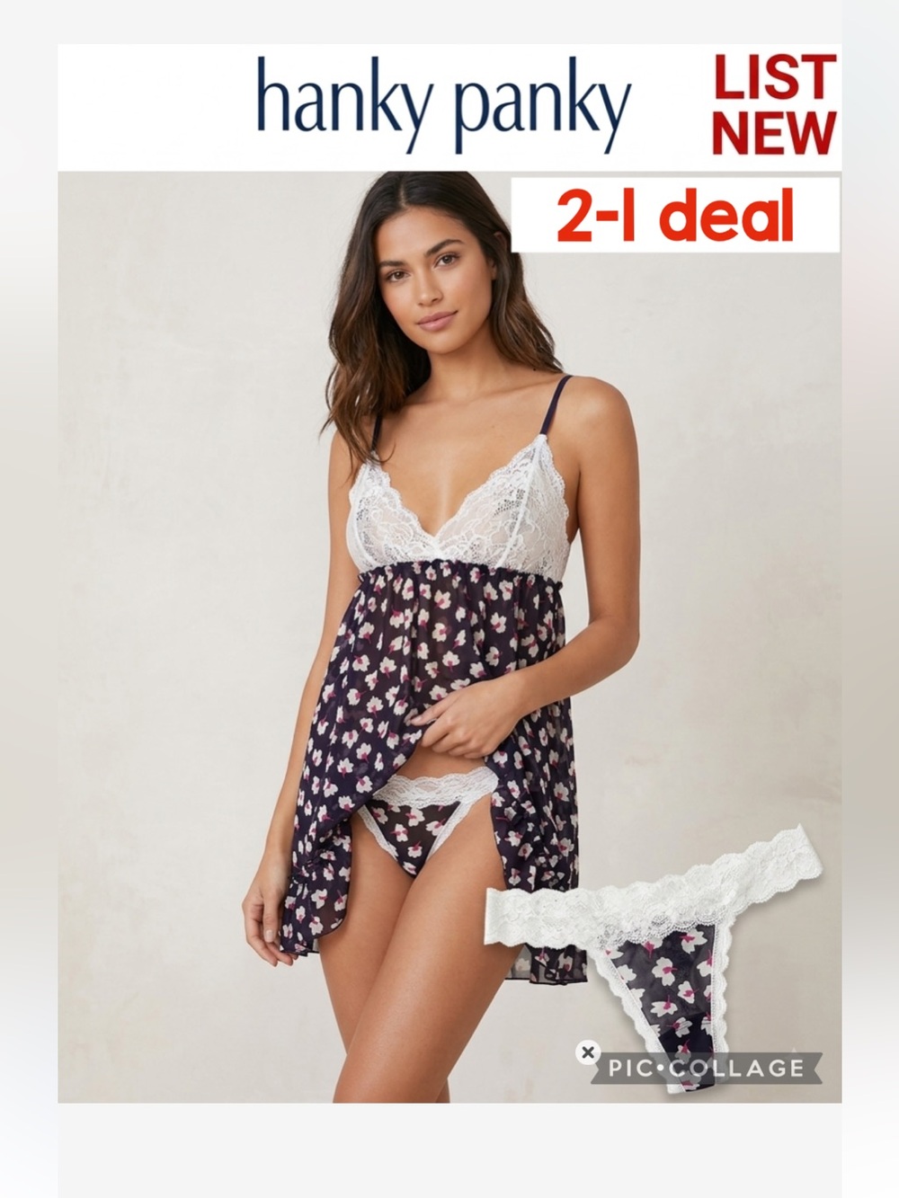 NEW 2-1 deal Hanky Panky Navy Floral Lace-Trim Babydoll Chemise & Thong